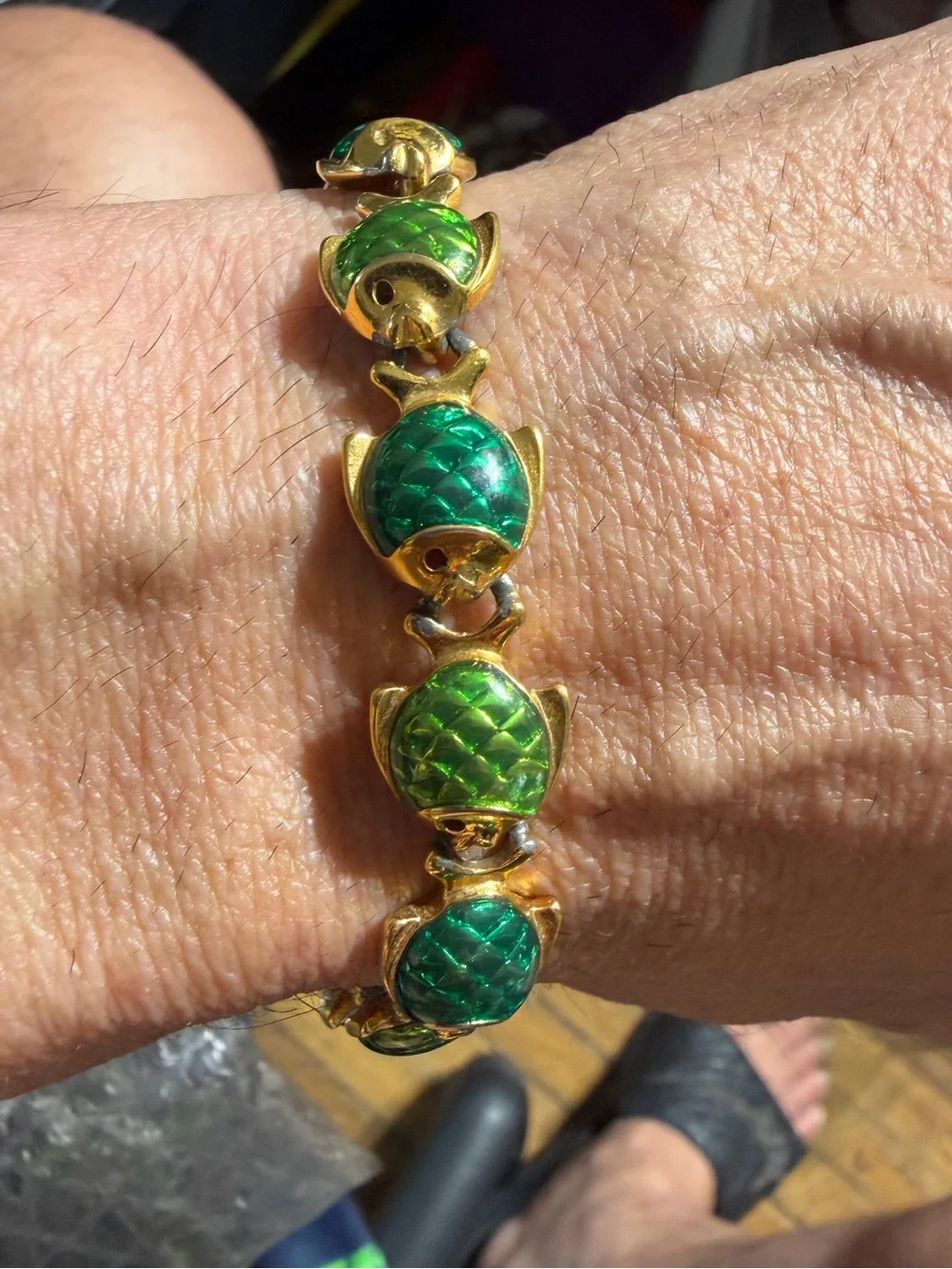 Vintage Trifari Gold-Tone Green Enamel Fish Link Bracelet